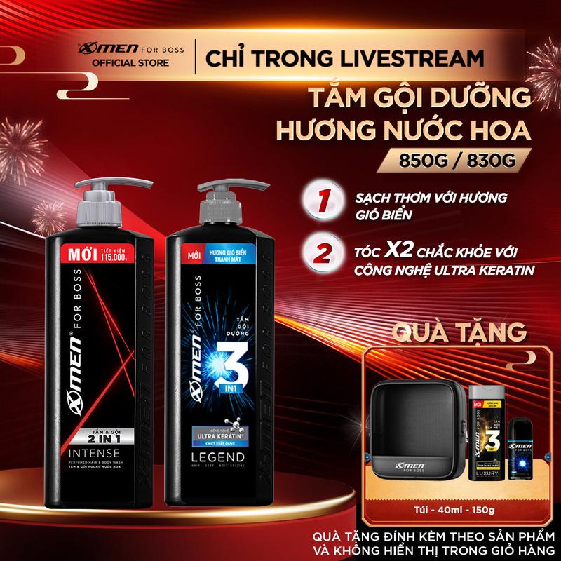 COMBO MUA 1 TẶNG 3 Sữa Tắm Gội Dầu Gội Xmen for Boss Intense 850g hoặc Legend 830g + Tặng 3 quà Tắm gội Luxury 150g+Lăn Legend 40ml + Túi lưới K