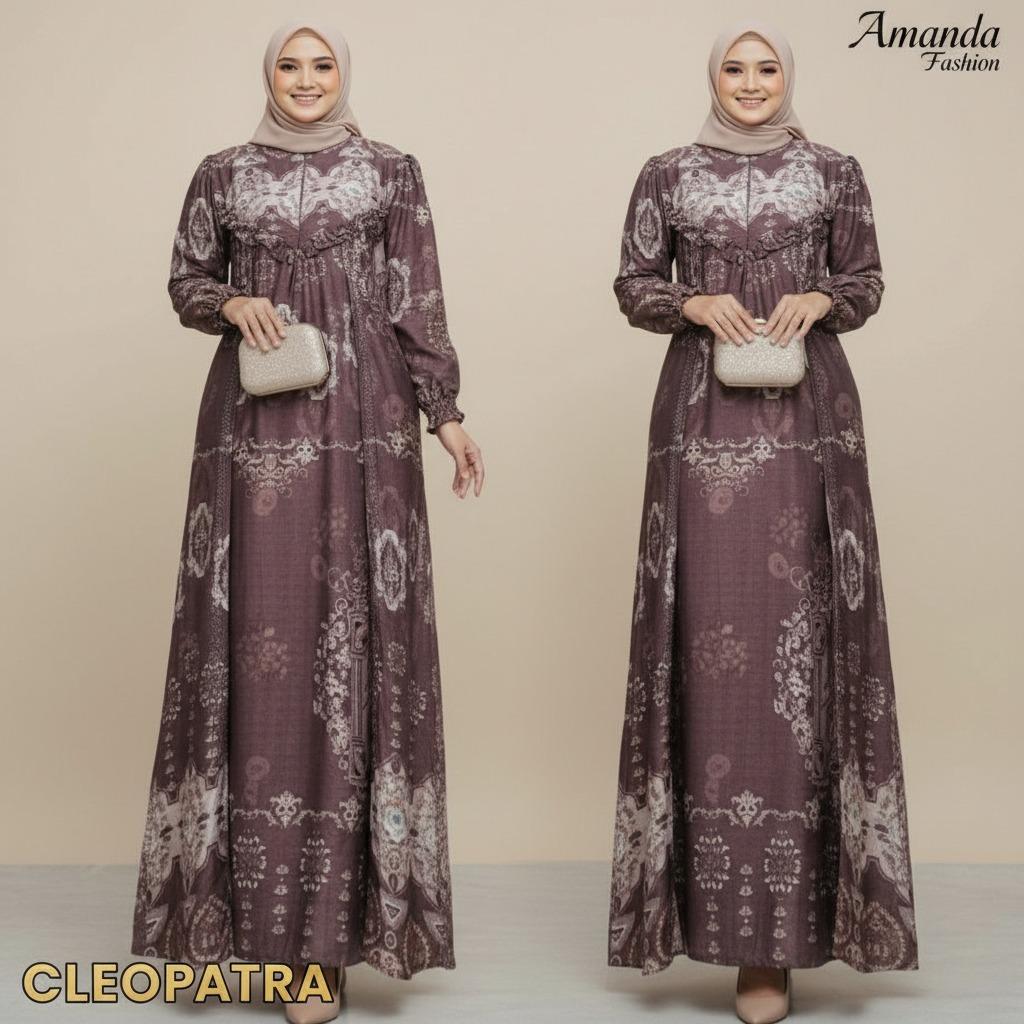 Gamis Amanda Cleopatra Bahan Silky Printing Motif Cantik Rompi Kanan Kiri MOTIF BUNGA RANDOM(Free Pouch)