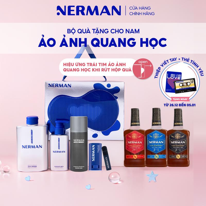   Mua 1 tặng 2  Bộ quà tặng cho nam ảo ảnh quang học Nerman - Sữa tắm gội 3in1 350ml & DDVS 100ml & Xịt khử mùi & LKM  TẶNG THẺ TÌNH YÊU & THIỆP VIẾT TAY  