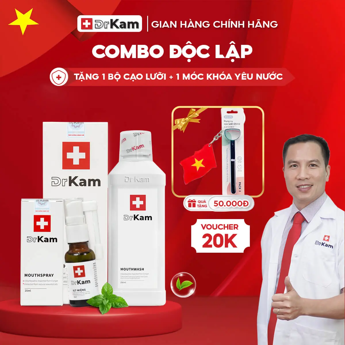 Combo chăm sóc răng miệng - Nước súc miệng & xịt miệng chuẩn y khoa DrKam khử hôi miệng, giảm viêm nướu. Tặng cạo lưỡi