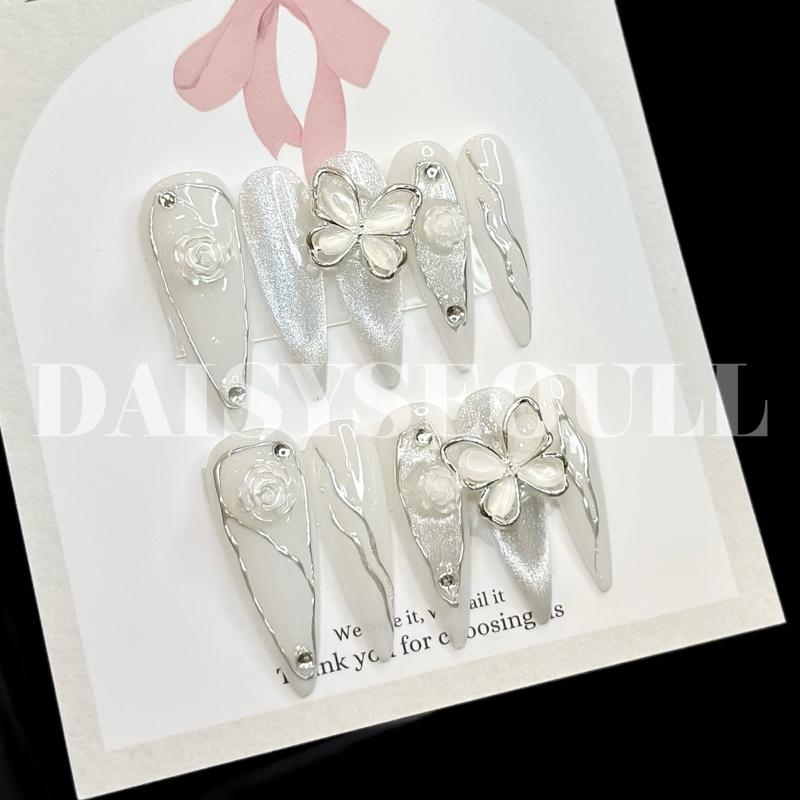 Nailbox móng up trắng gạo mắt mèo bạc - móng tay giả cho cô dâu màu trắng gạo xinh