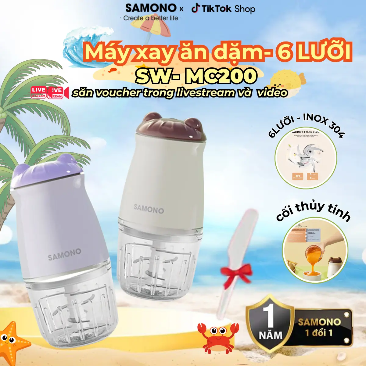 (BH 1 Năm)Samono Máy Xay Thực Phẩm Đa Năng, Xay Thịt, Xay cháo ăn dặm  6 Lưỡi  Inox,200W Cối Thủy Tinh Xay Nhuyễn Mịn SW-MC200