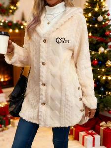 Abrigo con capucha de oso de peluche para mujer, manga larga con botón dividido y forro de vellón grueso bordado, chaqueta cálida para otoño invierno