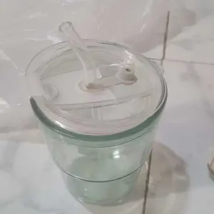 Gelas Kaca Borosilikat 350ML dengan Tutup & Sedotan Amber Desain Elegan Minimalis untuk Minuman Sehari-hari Praktis di Rumah Kantor atau Santai