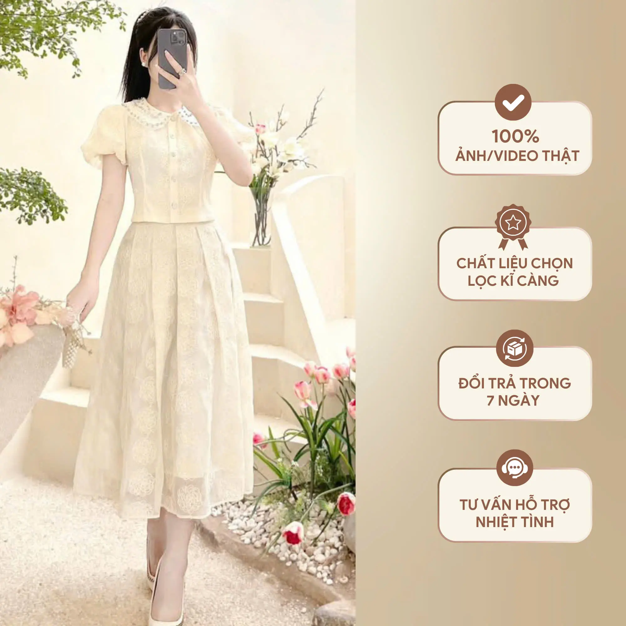 S5006 SET TƠ THÊU SANG TRỌNG THANH LỊCH ĐI TIỆ CÔNG SỞ DỄ THƯƠNG ẢNH CHỤP THẬT SẴN HỎA TỐC Nữ Áo Women Top DRESS MÀU KEM