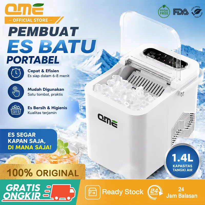 QME- Mesin Pembuat Es Otomatis 1.4L lced Maker Machine Automatic Daya Rendah Rumah Tangga Minimalis-Kitchenware