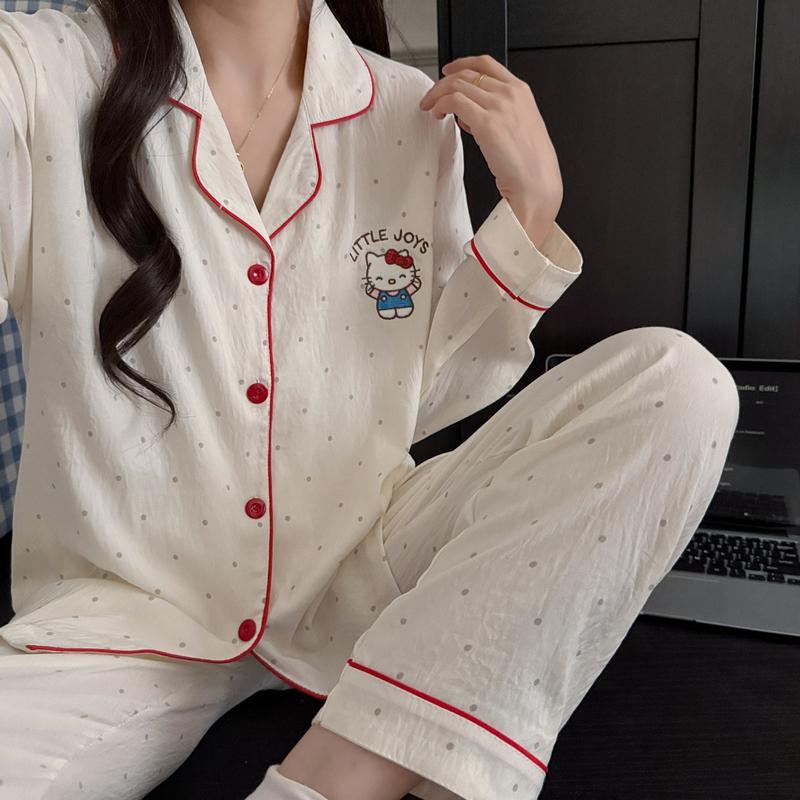 Bộ Đồ Ngủ Dài Tay Nữ Pyjama Chất Liệu Bông Vân Mây Thoáng Khí Thoải Mái Ở Nhà Phong Cách Dễ Thương Cao Cấp Women Do Bode Thuong Set Pijama Quần Ngủ Áo Ngủ