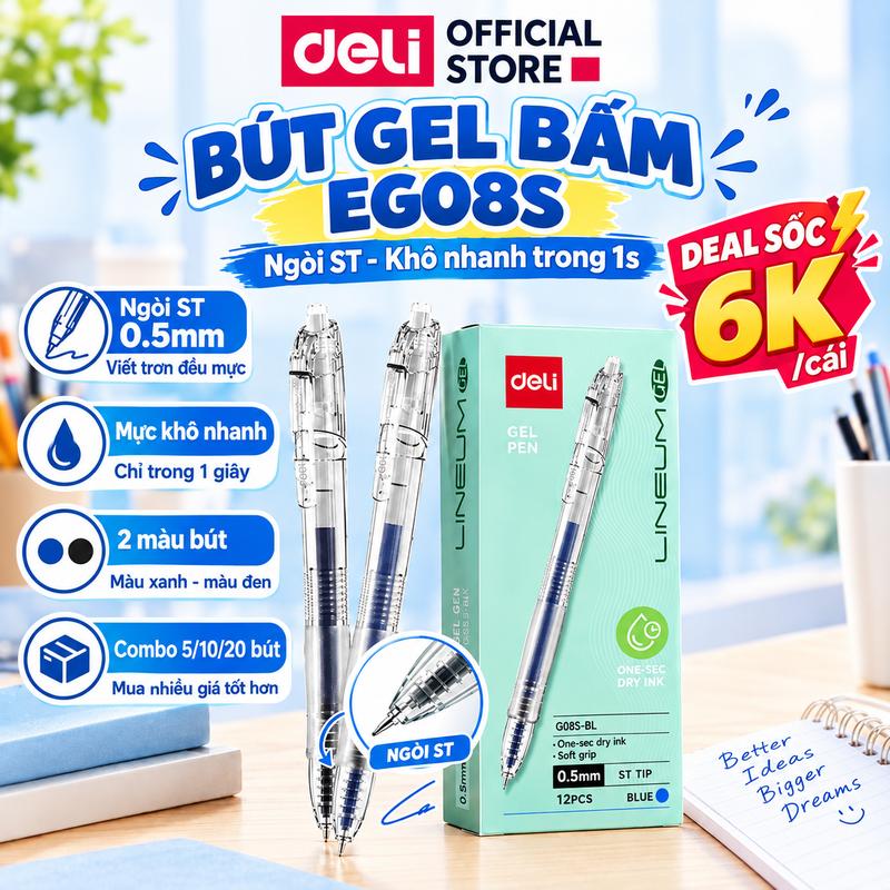 [DEAL SỐC 6K/C] Combo 5/10/20 Bút gel bấm ngòi ST 0.5mm EG08S Deli khô nhanh 1 GIÂY mực xanh/đen thiết kế đệm tay êm ái cho học sinh văn phòng