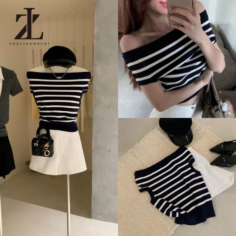 Áo Trễ Vai Len Kẻ Ngang Dáng Ngắn Đính Cúc Ngắn Tay Áo dệt kim