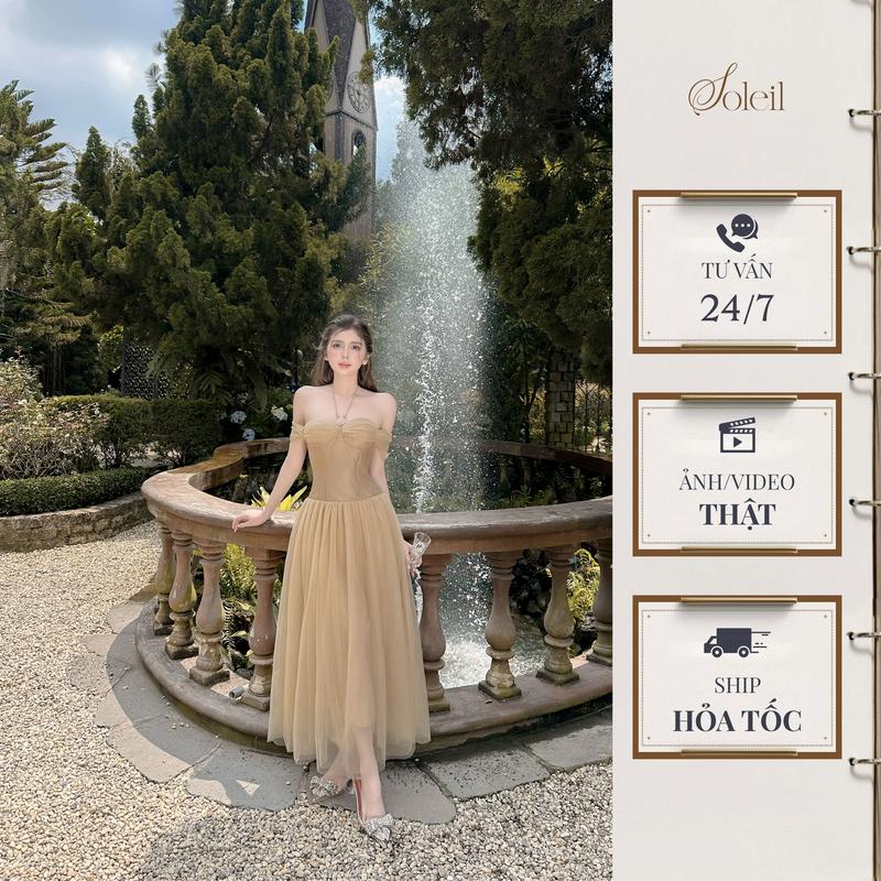 SOLEIL - Váy Đầm Marigold Dress Thiết Kế Nữ Trễ Vai Dáng Dài Xòe Bồng Tay Lửng Corset Tafta Phối Lưới Tiểu Thư Màu Nâu Sữa Đi Tiệc Đi Sự Kiện Women VD13
