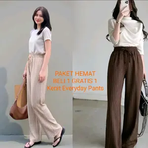 Paket Hemat Beli 1 Gratis 1 Kenit Everyday Pants Celana Wanita Stylish & Nyaman-Everyday pants stripe-celana panjang wanita baggy kantor kuliah motif garis basic-celana formal casual wanita-lossepants basic-celana stripe pants-kulot knit bangkok