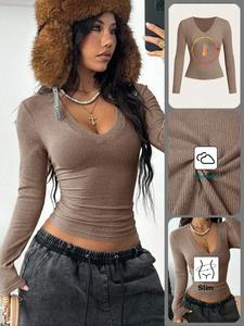 Ropa de calle minimalista casual de otoño para mujer, camiseta de manga larga de cuello en V de punto acanalado para uso diario, top cómodo y a la moda