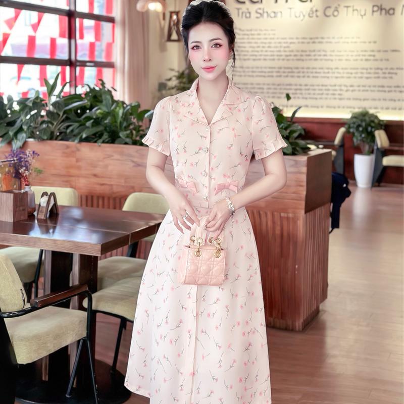  Set chân váy áo hoa xinh cổ vest thiết kế công sở thanh lịch cao cấp đi làm đi tiệc chân váy chữ a áo tay ngắn Lux W Fashion 