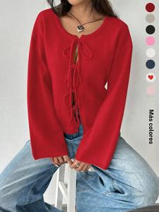 Cárdigan de mujer con hombros caídos y frente con lazo, jersey informal de manga larga y cuello redondo para otoño e invierno, prenda de punto de mujer para el día a día