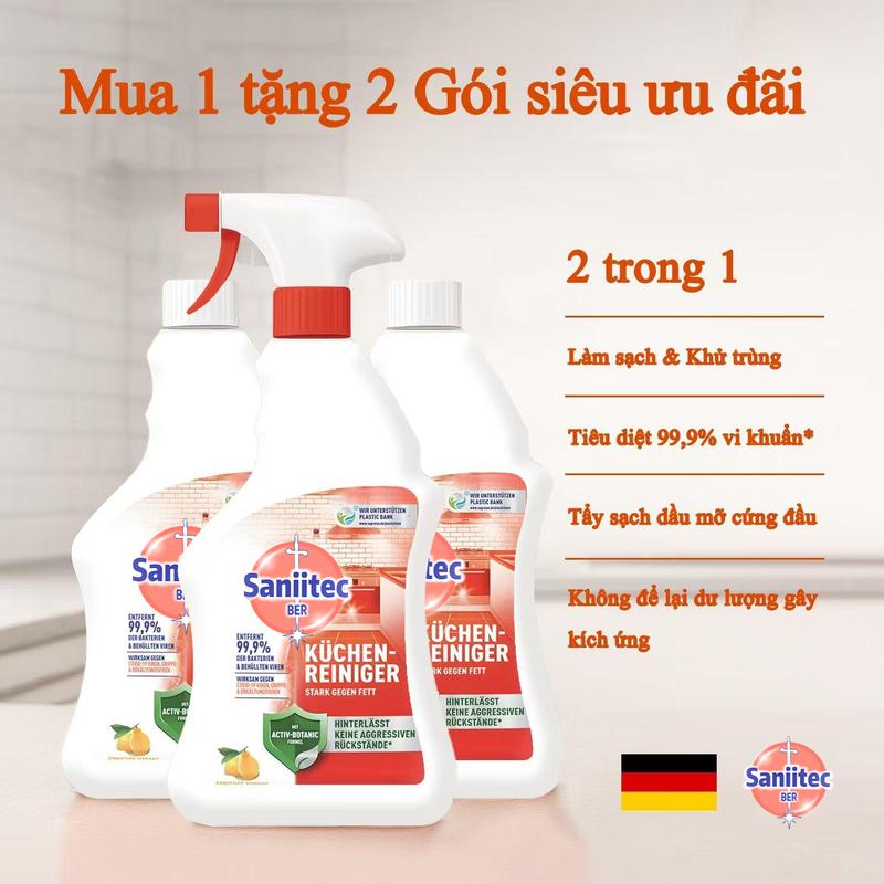 【MUA 1 TẶNG 2 3 chai + 1 đầu xịt Nước Rửa Bếp Saniitec 500ml Diệt 99.9% Vi Khuẩn - Khử Dầu Mỡ Cứng Đầu & Mùi Hôi Hiệu Quả | Không Cặn An Toàn Da Tay | Công Nghệ Đức - Chuyên Dụng Cho Bếp Gia Đình