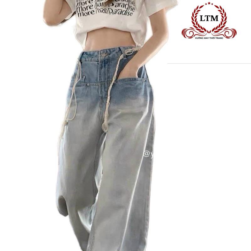 Quần jean ống rộng lưng cao phối đai nút, quần jean nữ ống suông phong cách Hàn Quốc - Xưởng May Long Ty Denim Women Pants
