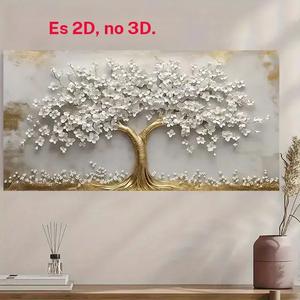 Arte mural lienzo “Árbol dorado moderno y abstracto con flores blancas” – 50 x 100 cm, decoración elegante sin marco, impresión en lienzo para sala o dormitorio | Diseño de árbol abstracto | Superficie dorada.