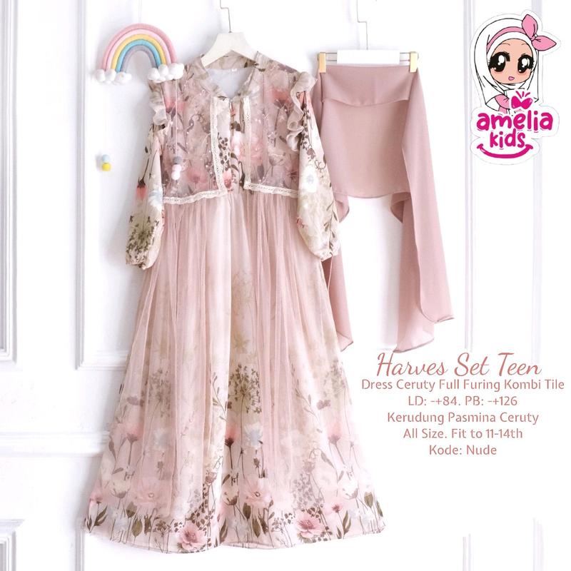 Dress Lebaran Harves Set Teen Ory by Amelia Kids All Size Usia 11-14 tahun Dress Cantik Free Jilbab Pashmina 3