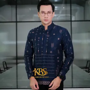 PRADIPTA Koko Biru Navy Slimfit KALANDRA BATIK SOLO katun prima premium lengan panjang full furing adem casual Baju Pria Muslim Dewasa Pendek Motif