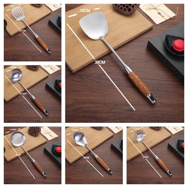 Cookware 304 Staniless Steel Kitchen Utensils Long Wooden Handle Spatula Spoon Cooking Equpment Frying Shovel Thickened Cooking Tool Sets 2