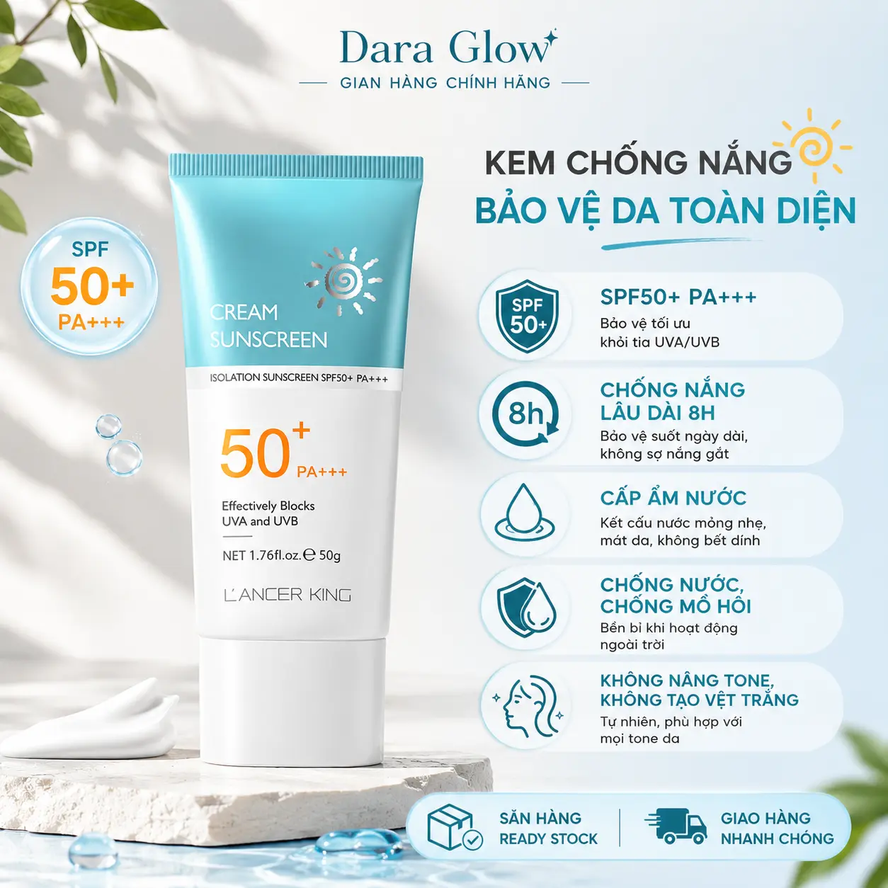 SPF50+Kem chống nắng 50g, Được Phát Triển Cho Da Nhạy Cảm, Thoáng Khí Không Bít Lỗ Chân Lông, Thích Hợp Cho Sử Dụng Hàng Ngày, Đi Làm, Hoạt Động Ngoài Trời, Chống Mồ Hôi