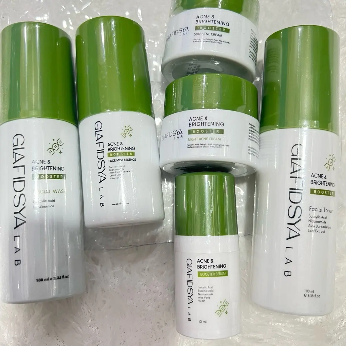 Booster Acne & Brightening GLAFIDSYALAB - Facial Wash, Serum, Night Cream, Sunscreen, Face Mist, Toner - Melembutkan, Totol, Aging, Wajah, Hitam