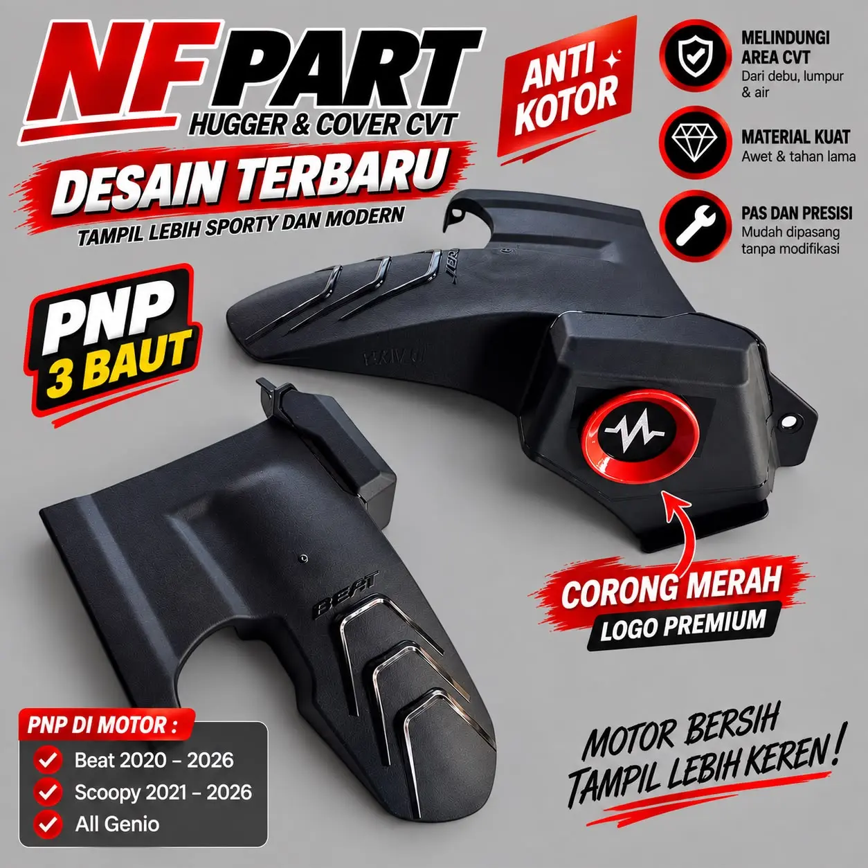 HUGHERR CORONG DETAK SPAKBOR KOLONG 3 BAUT MOTOR BEAT DELUX 2020-2026 SCOOPY NEW 2021-2026 ALL GENIO VARIASI CORONG DETAL AKRILIK