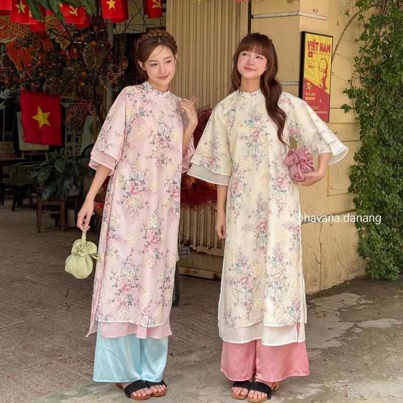 (HAVANA) CÓ BIGSIZE - Áo dài CÁT TIÊN thô boil in hoa tay loe 2 lớp đính cúc ngọc trai kèm quần lụa satin có khóa kéo AD180
