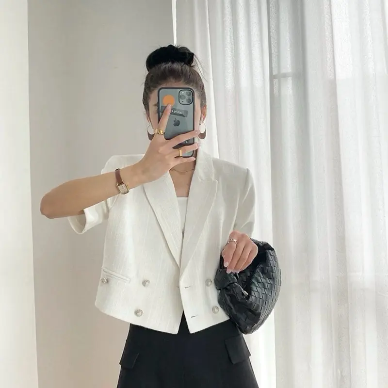 THE0NE Blazer Tweed Tipis Lengan Pendek Model Leher V // Tweed Blazer Top Casual For Daily / 0