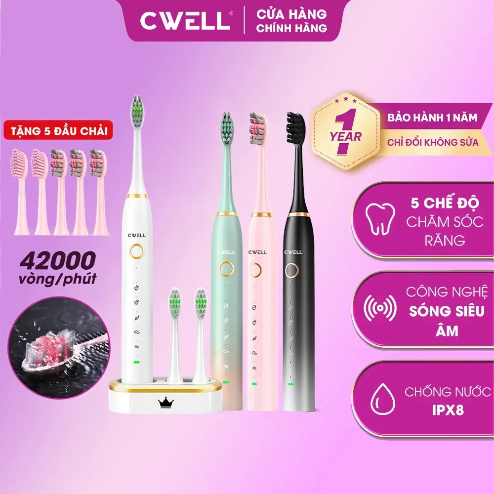 Bàn chải điện CWell Sonic S1, 5 chế độ chải sạch sâu, tần số cao rung 42.000 lần/phút, chống nước cao IPX8, chải sạch mảng bám 10X lần - TẶNG 5 ĐẦU BÀN CHẢI - BH 12 THÁNG