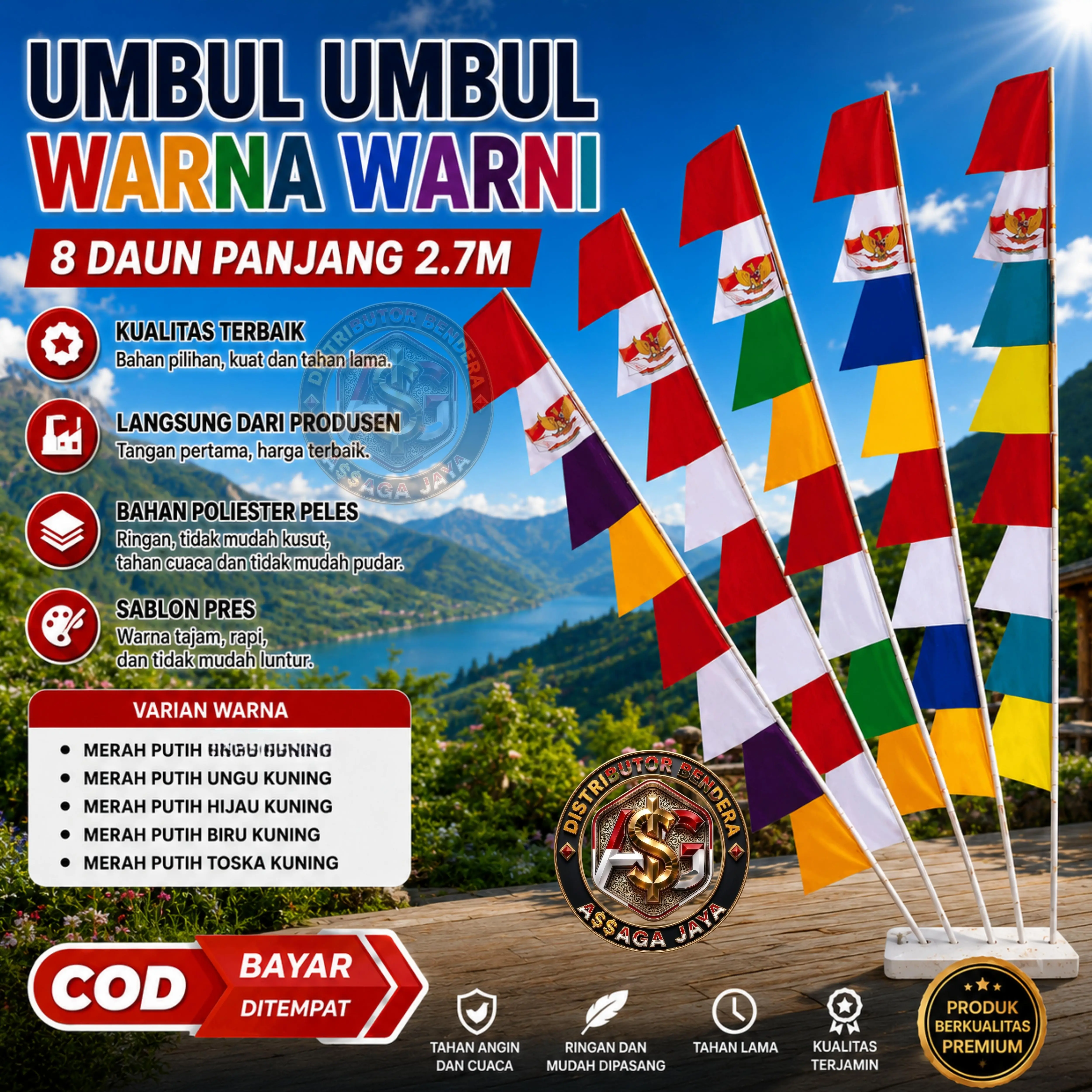 20pcs Bendera Umbul Umbul Garuda Warna Warni Kualitas Terbaik 8 Daun 2.7m Dekorasi Hut Ri Poliester Peles Grede A