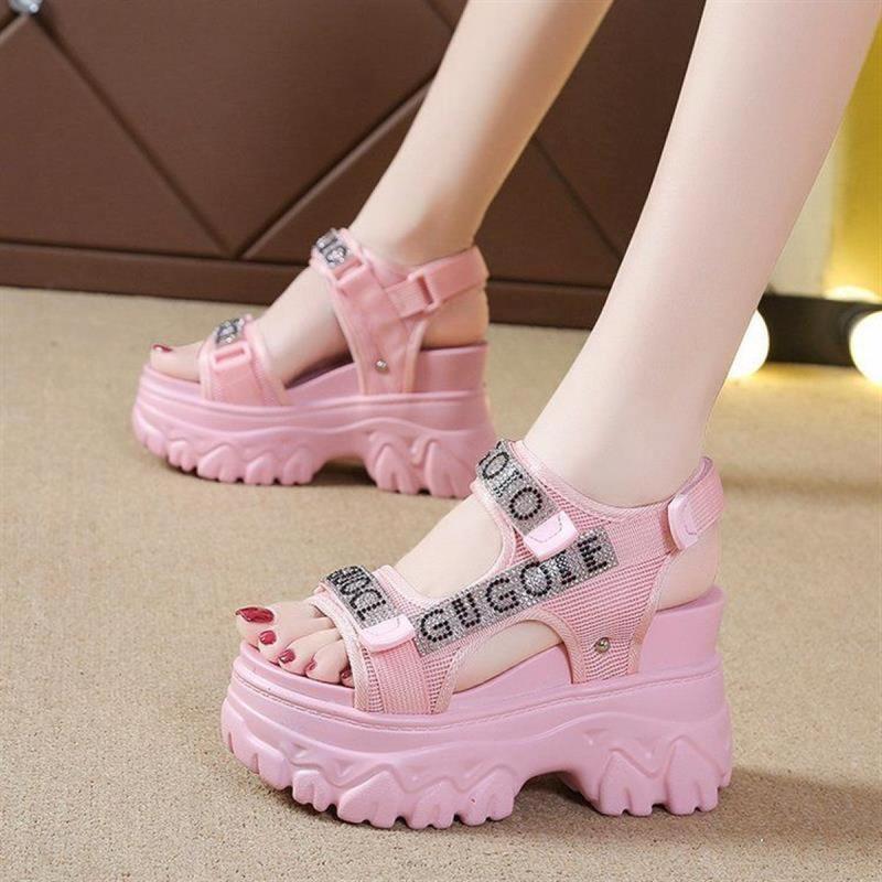 Bên trong tăng cao sandal mùa hè thời trang 100 phù hợp với ma thuật dán giày nữ rhinestone bánh xốp đế dày gót giày