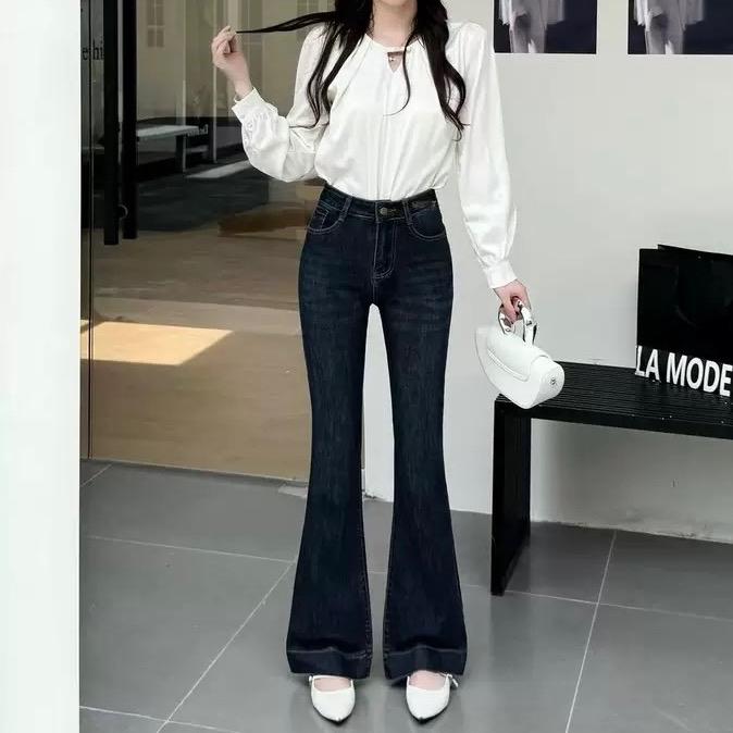 Quần loe 8835, quần jean nữ cạp cao túi dập nổi có CO GIÃN  bigsize dài quần 98cm