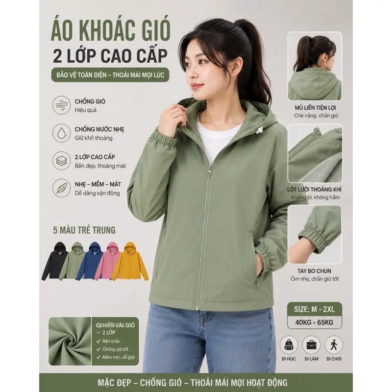 Áo Khoác Gió Nữ 2 Lớp Lưới Chống Nước Chống Gió - Đa Màu Size M, L, XL, 2XL