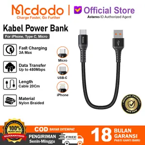 MCDODO Kabel Power Bank USB Type C Micro USB iPhone FAST Charging 20CM Hitam
