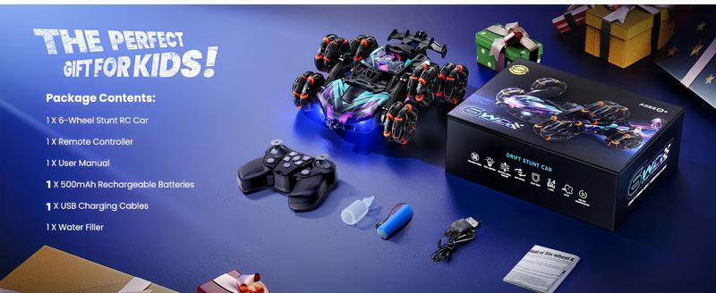 Product Introduction of Six-Wheel RC Stunt Car,6WD Remote Control Car,Cool RC Drift Car,Double-Sided Driving,360° Flips Rotating,with Spray and Light Effects,Toys for Ages 8-13 Kids,Ideal Gift for Boys and Girls 4