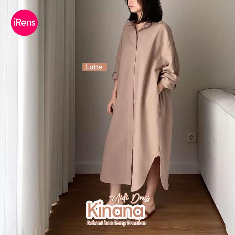 Baju Midi Kinana Korean Style Oversize LD130 Bahan Linen Rami Premium Warna Denim dan Latte 4