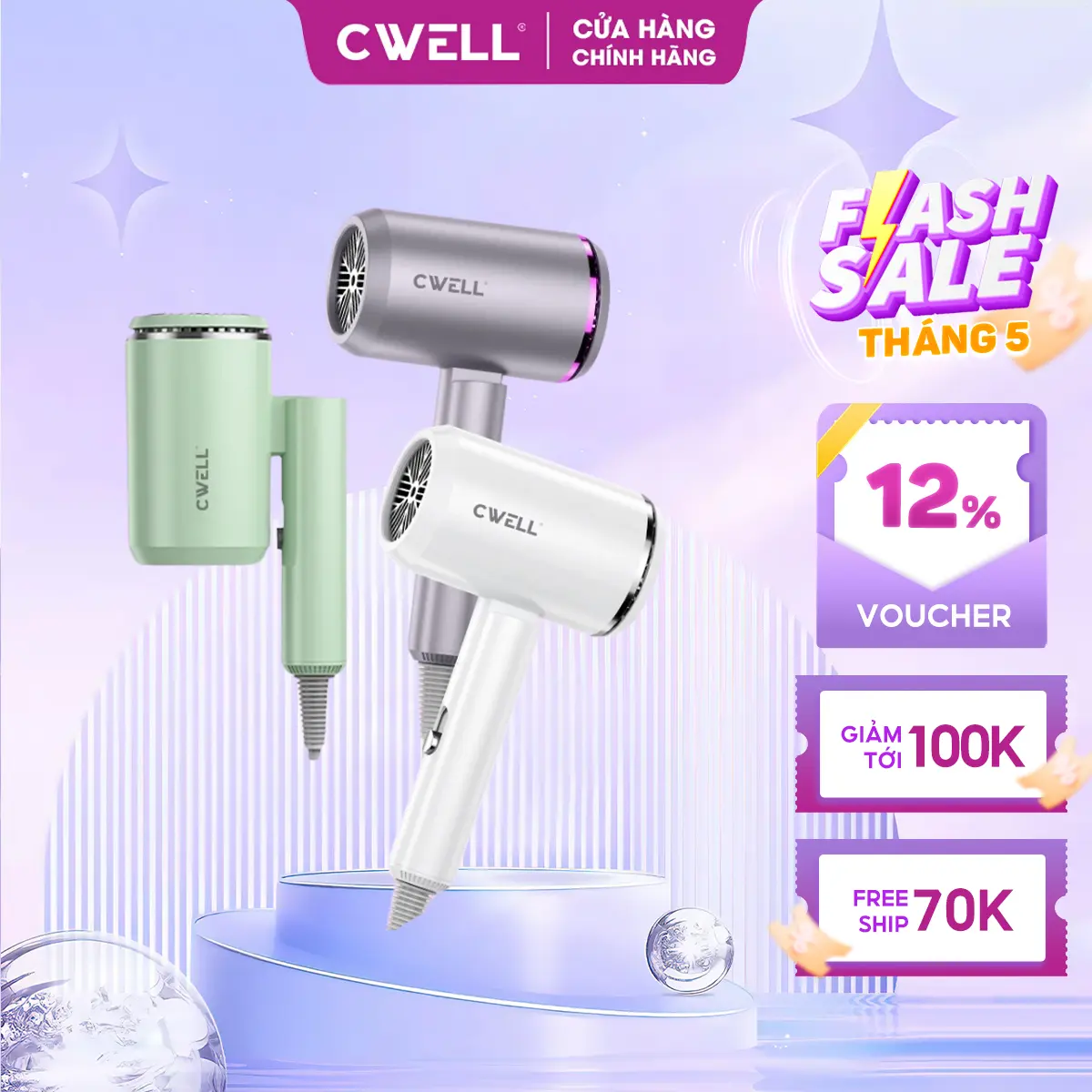 Máy sấy tóc gấp gọn CWell 1800W 2 chiều nóng & lạnh, 3 chế độ nhiệt, kiểu dáng mới kèm ánh sáng xanh, nhiệt vừa phải giảm xơ rối cho nam và Nữ - NÂNG CẤP C05HD Women - BH 12 THÁNG