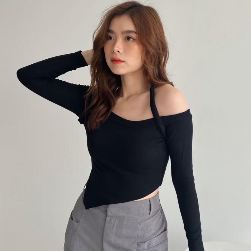 Lily halter Knit Long Sleeve | baju atasan wanita sabrina tali lengan panjang rib  Knitwear Stretch Top 4