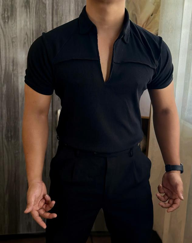 Áo polo nam cách tân chân cổ sơ mi thun gân tăm giày cao cấp form body cuốn hút LTFASHION Menswear Có Cổ Màu Trắng Màu Trắng Có Cổ Shirt