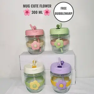 Mug Kaca Cute Flower 300ml & Neona 360ml dengan Sedotan Silicon dan Packing Bubblewrap Tanpa Box Dus Desain Unik Bunga Lucu Ideal untuk Minuman Favorit Anda