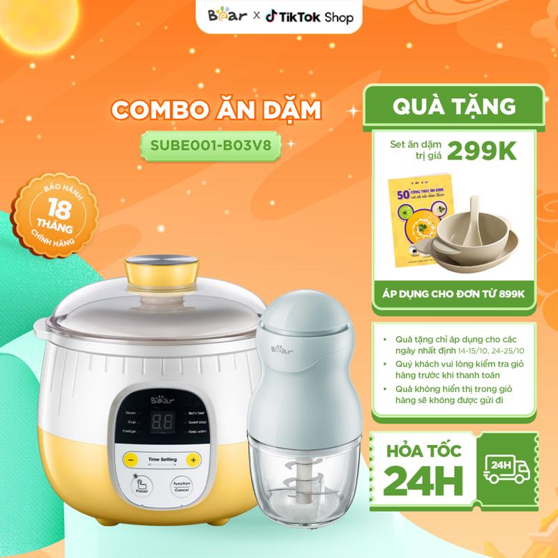 [Tặng cẩm nang ăn dặm] Combo Ăn Dặm Nồi Nấu Cháo Chậm BEAR 0,8L SUBE001 Nồi Nấu Cháo Chậm Cho Bé Ăn Dặm Nồi Nấu Chậm Nồi Chưng Yến và Máy Xay Ăn Dặm Cho Bé Máy Xay Tỏi Ớt 0,3L B03V8 8 lưỡi dao