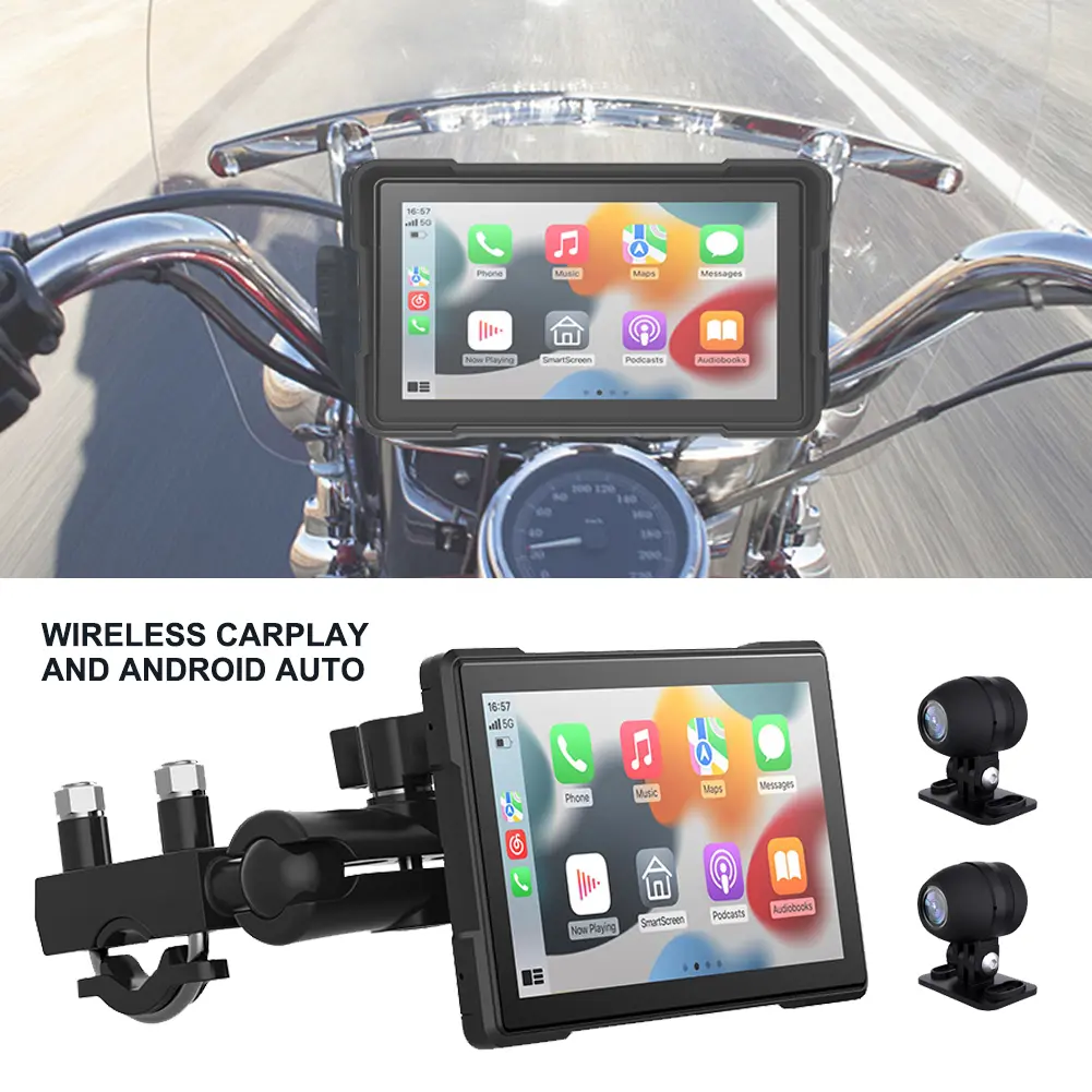 Wireless CarPlay Android Auto Screen for Motorcycle Dual Bluetooth Touchscreen with Front & Rear Dash Cam Waterproof Navigation