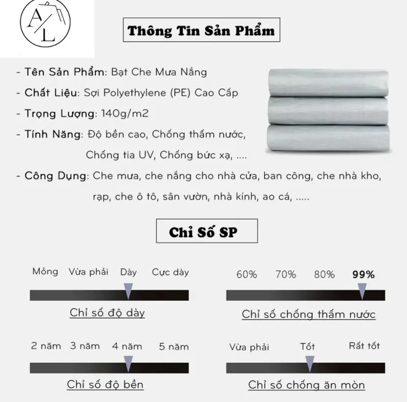Bạt che mưa nắng khổ 4mx5m, Bạt che mưa 3 lớp, chống thấm nước, May viền khoen sẵn - Tặng kèm móc Chống Nước bạt che bạt che mái che mái che 7