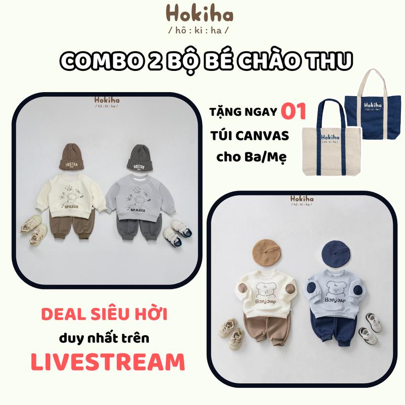 [Hokiha] B163-B193 Combo 2 Bộ quần áo dài tay cho bé gồm 1 bộ đáp tay hình cún và 1 bộ hình vũ trụ vải nỉ ép 2 da mềm mại, ấm áp size 8-17kg