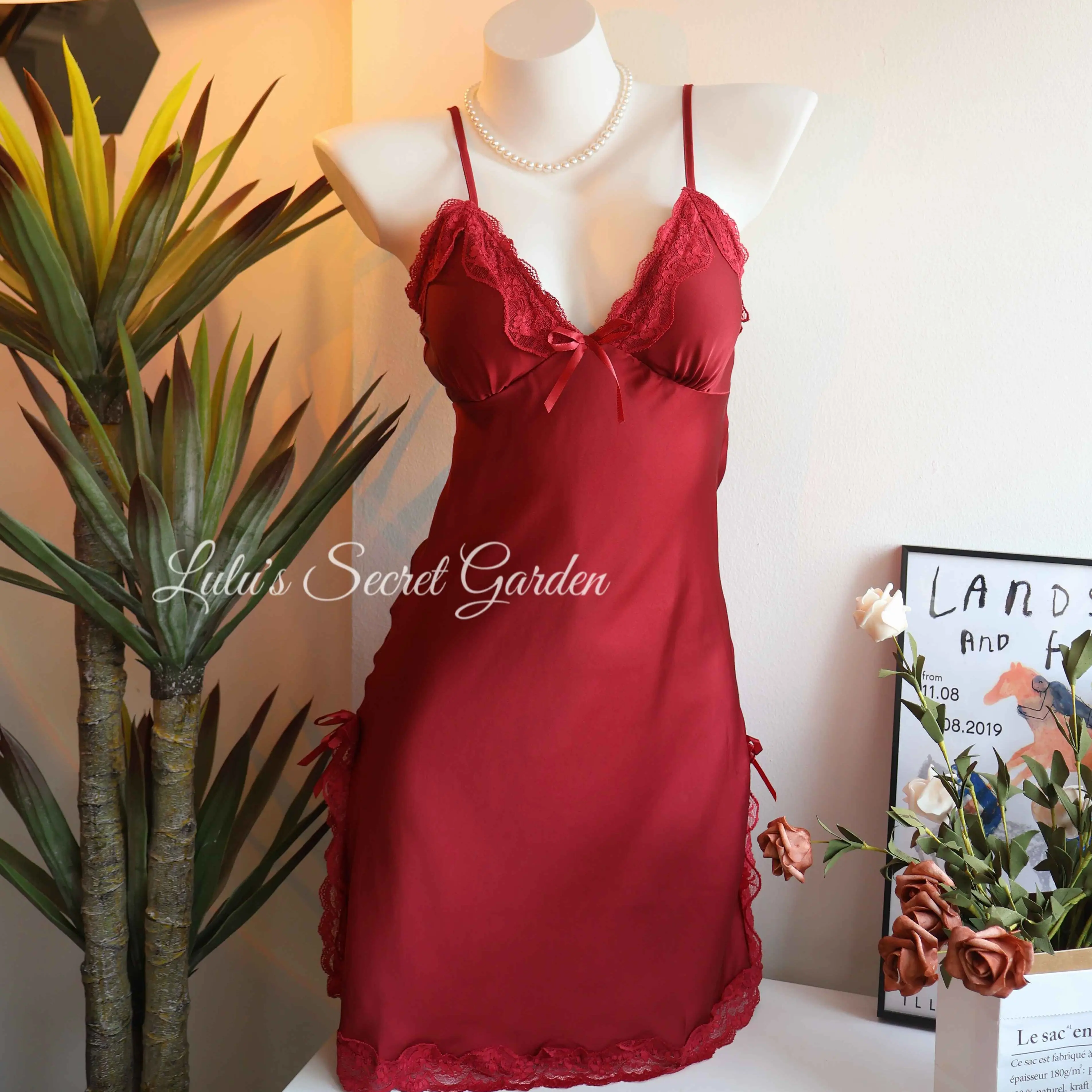LULU 1045-New Simple Lace Ice Silk Camisole Sleep Dress with Padded Bra - Women's Loungewear Set