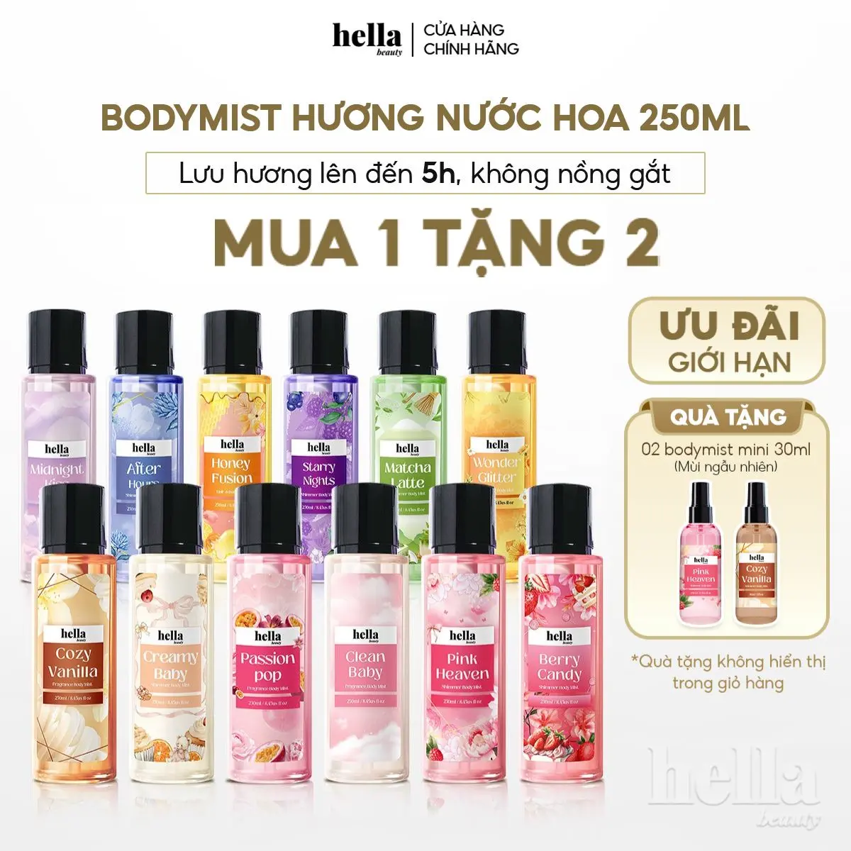 Xịt thơm body mist hương nước hoa Hella Beauty 250ml lưu hương lâu, an toàn cho da nhạy cảm