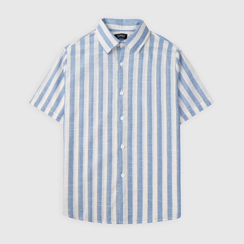 Áo sơ mi TOPGU Kẻ Xanh Trắng, Form dáng trẻ trung vải Linen. Nam Menswear Shirt