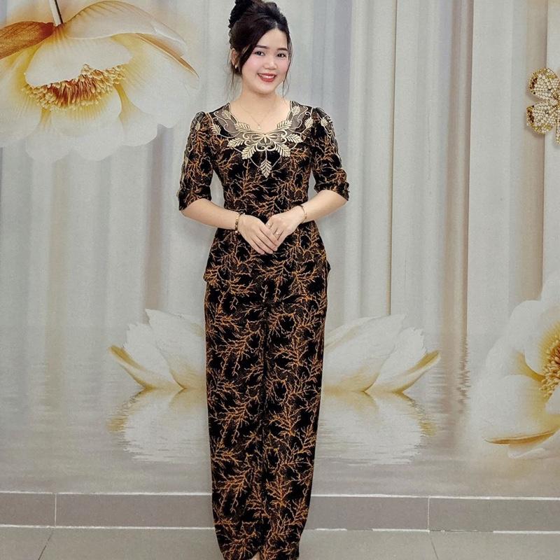 B40 Đồ bộ bông thun nữ trung niên thiết kế cổ đè ren, tay lỡ quần ống suông thương hiệu Hải Sơn women