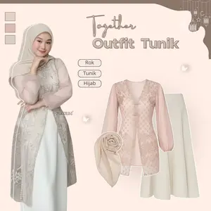 Setelan Lebaran Kekinian Wanita Outfit ( Tunik - Rok Joda - Jilbab Segi Empat ) Ootd Korean Style Remaja LQ0122
